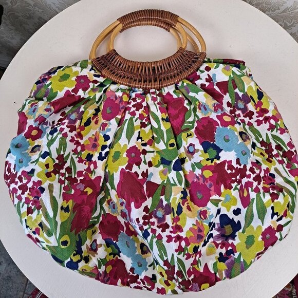 Bamboo Double Rattan Wrapped Handled Colorful Floral Print Round Cotton Bag - Picture 1 of 12